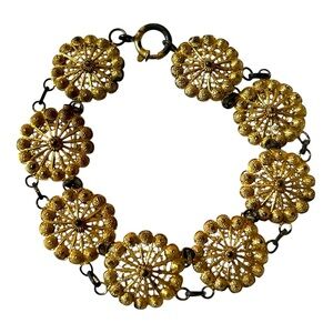 Sterling Silver Gold Plated Filigree Vintage Medallion Link Chain Bracelet